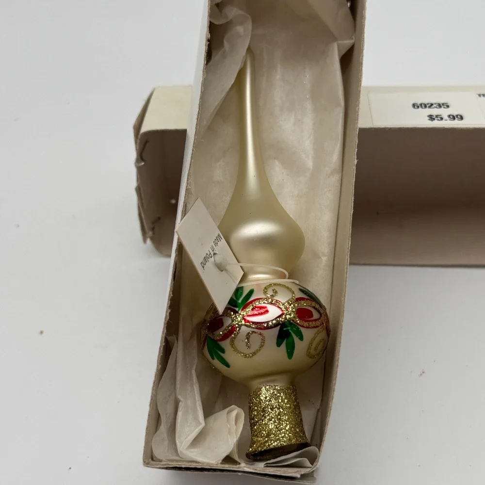 Vintage Mini Glass Christmas Tree Topper Boxed Hand Painted Made in Poland 5